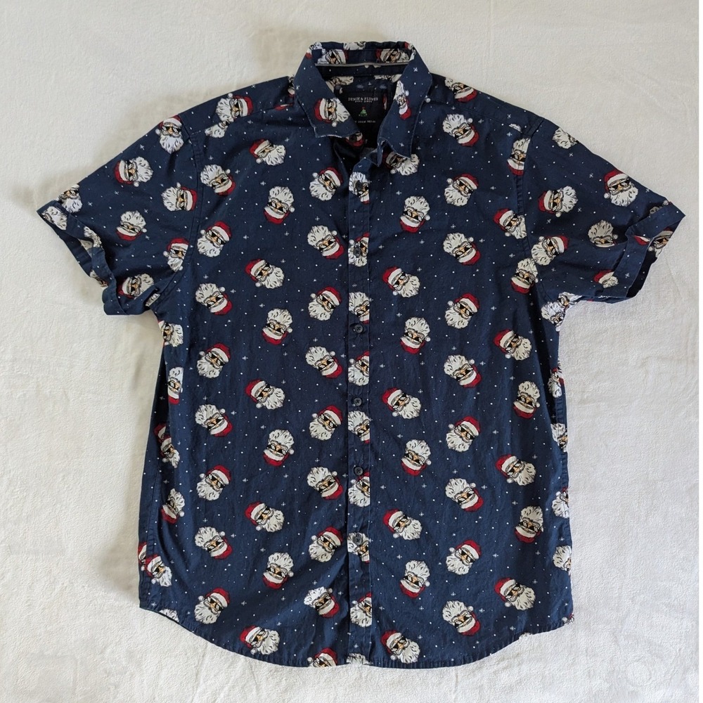 Denim & Flower Button Up Short Sleeve Shirt Navy Santa Sunglasses Print Sz M